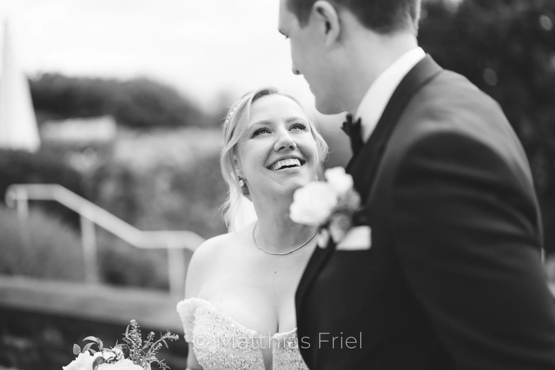 Black and white portrait of bride and groom at Petersberg