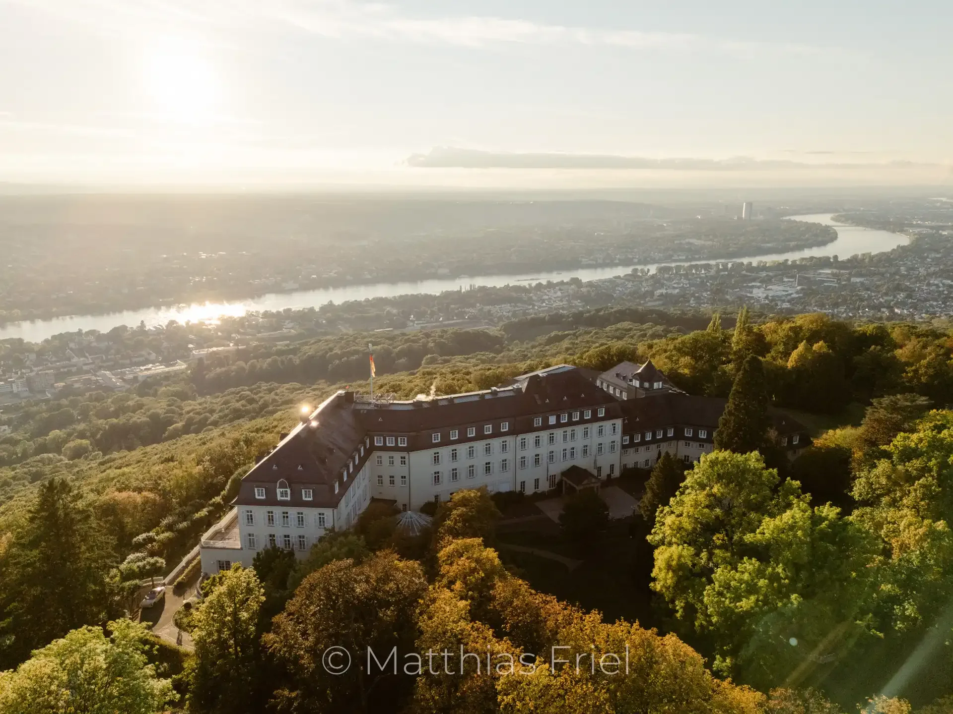 Grandhotel Petersberg from above, overlooking the Rhine valley at sunset